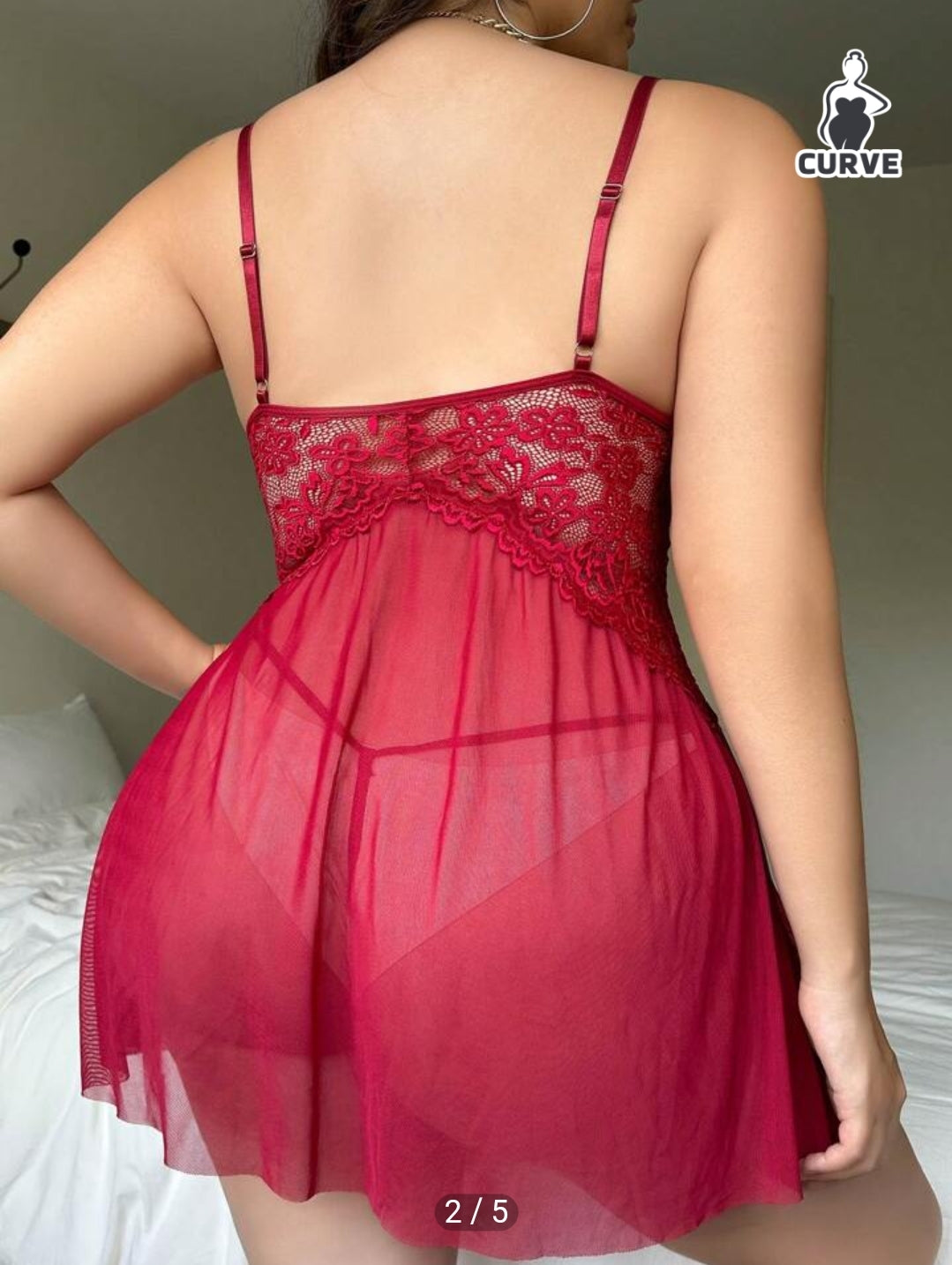 Red Lace Mesh Slip Babydoll SIZE: (1XL)