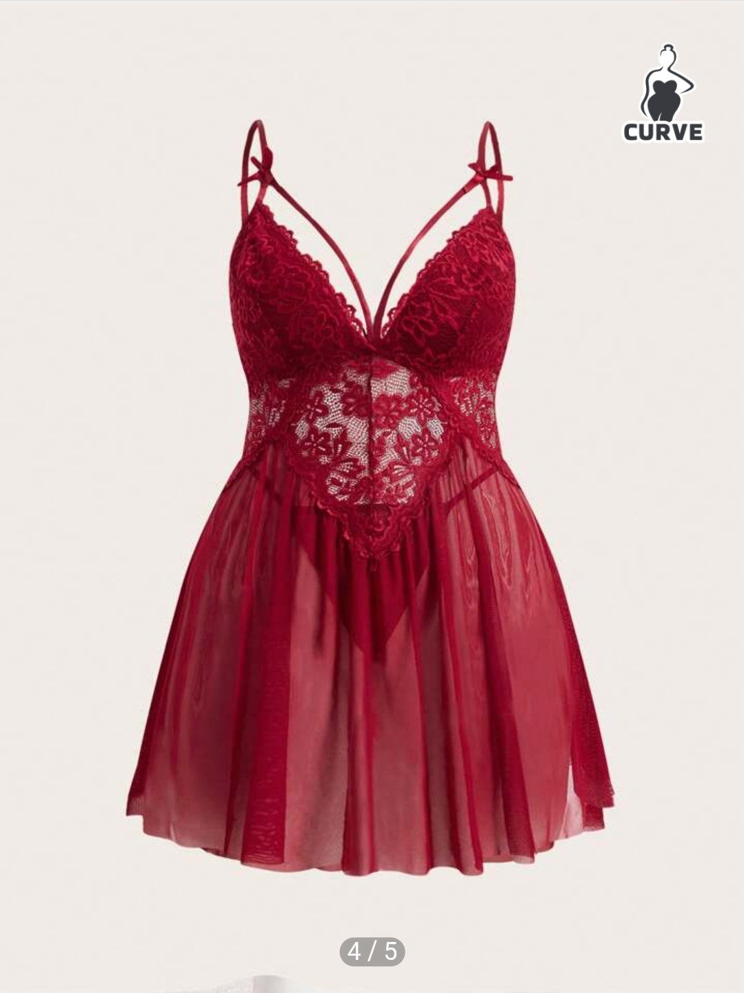 Red Lace Mesh Slip Babydoll SIZE: (1XL)