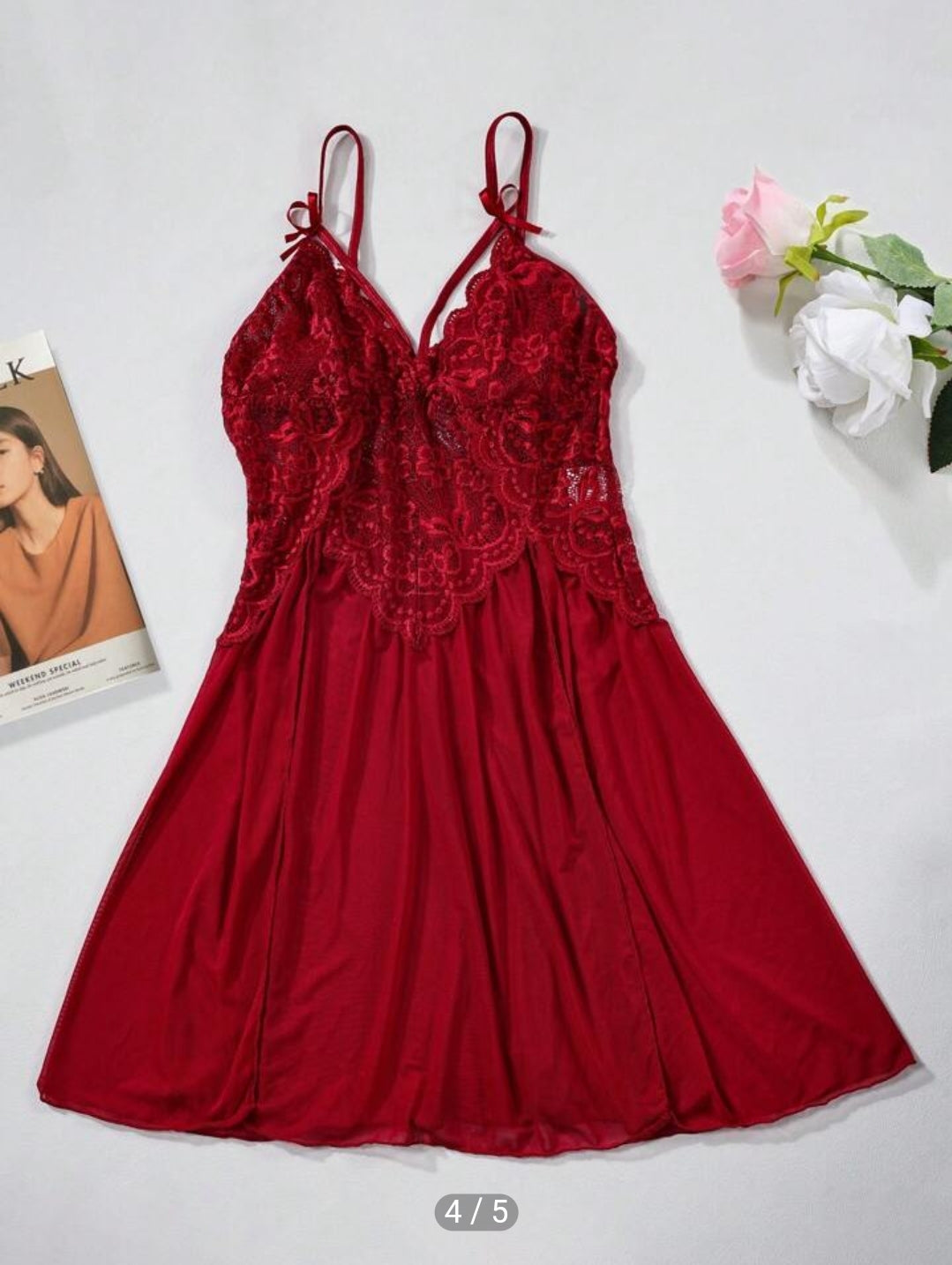 Red Lace Mesh Slip Babydoll SIZE: LARGE