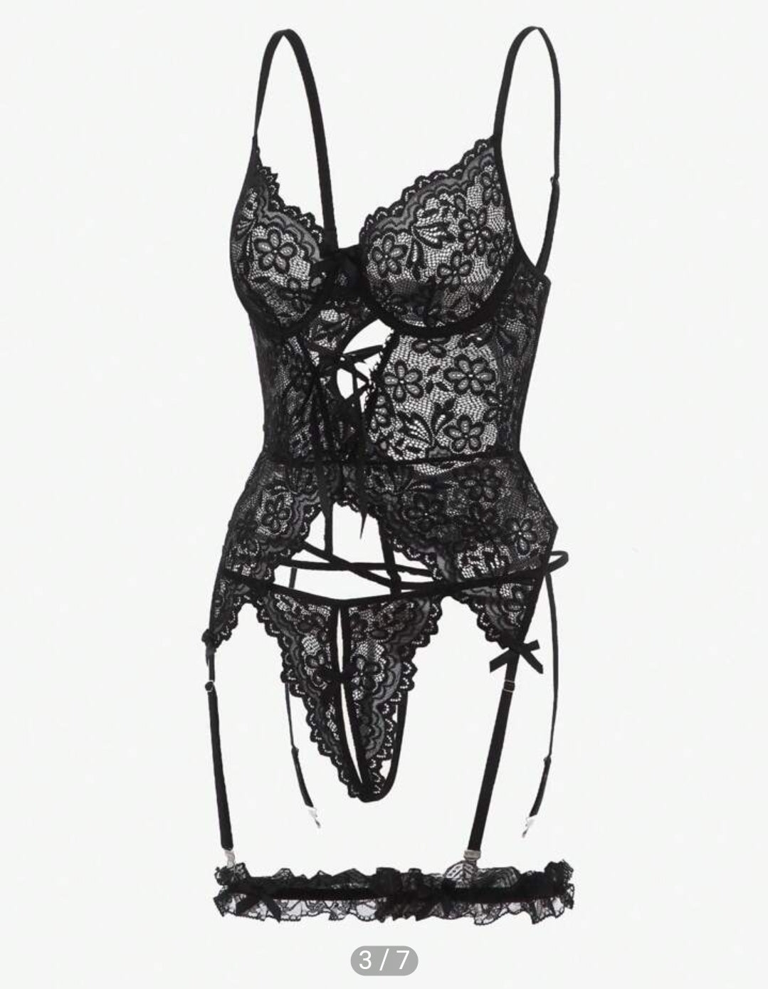 Black Floral Lace Garter Corset Set - XL