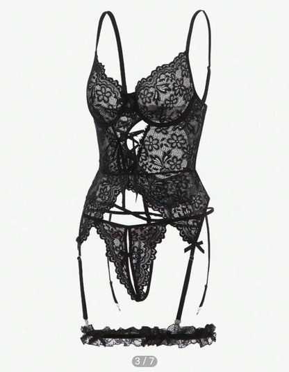 Black Floral Lace Garter Corset Set - XL